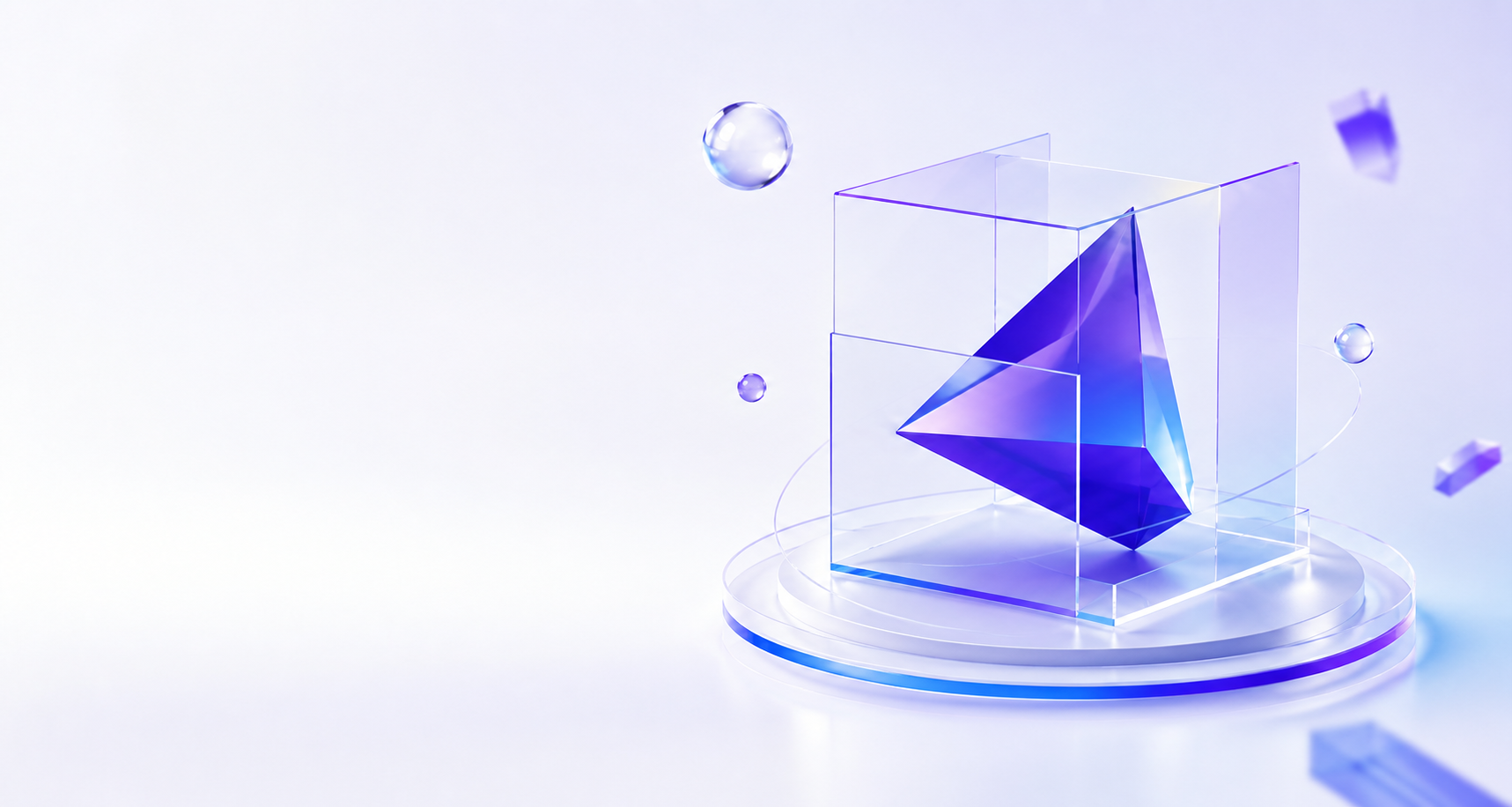 A violet glass sculpture displayed inside a transparent cube
